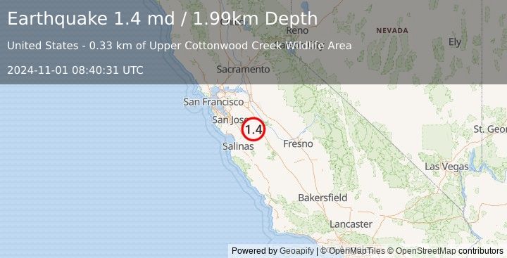 Earthquake 24 km SW of Gustine, CA (1.4 md) (2024-11-01 08:40:31 UTC)