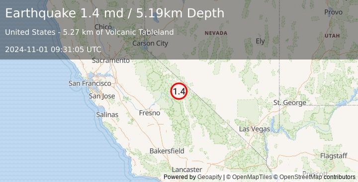 Earthquake 14 km ENE of Round Valley, CA (1.4 md) (2024-11-01 09:31:05 UTC)