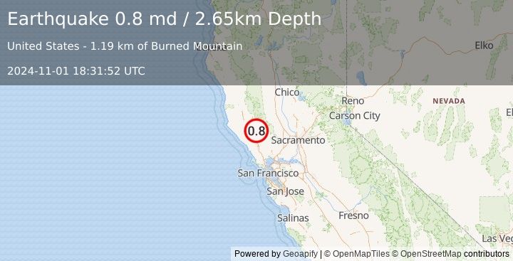 Earthquake 4 km NNW of The Geysers, CA (0.8 md) (2024-11-01 18:31:52 UTC)