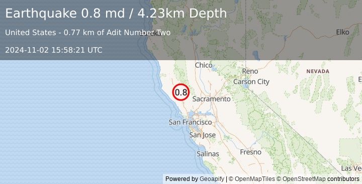 Earthquake 7 km NW of The Geysers, CA (0.8 md) (2024-11-02 15:58:21 UTC)