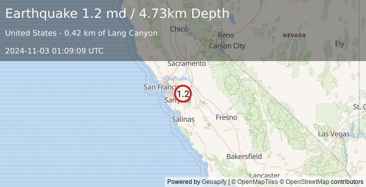 Earthquake 17 km SSE of Livermore, CA (1.2 md) (2024-11-03 01:09:09 UTC)