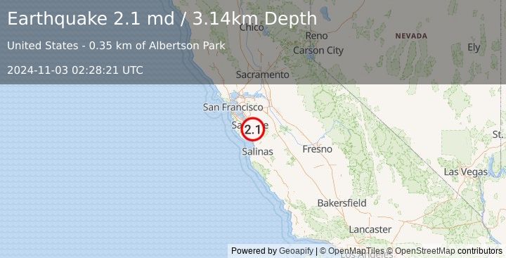 Earthquake 7 km SSE of Seven Trees, CA (2.1 md) (2024-11-03 02:28:21 UTC)