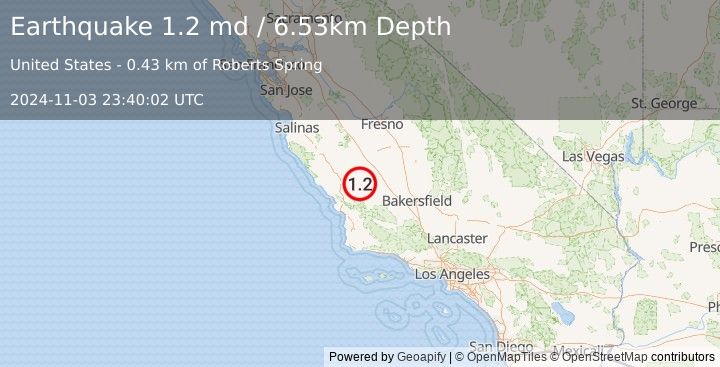 Earthquake 6 km SSE of Cholame, CA (1.2 md) (2024-11-03 23:40:02 UTC)