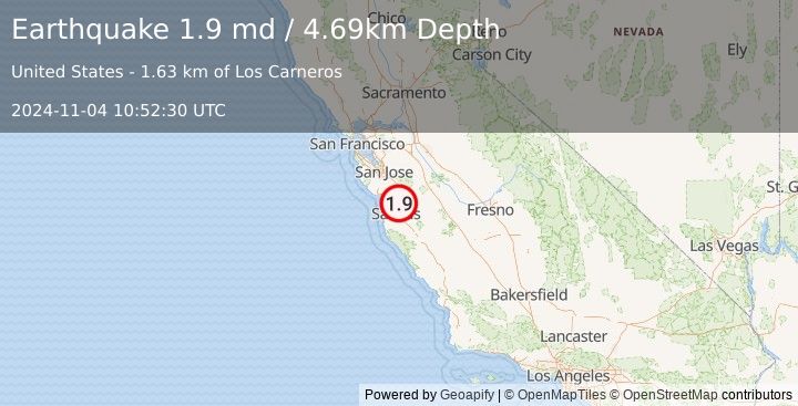 Earthquake 5 km W of San Juan Bautista, CA (1.9 md) (2024-11-04 10:52:30 UTC)