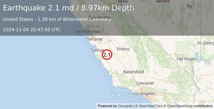 Earthquake 20 km SE of Pinnacles, CA (2.1 md) (2024-11-04 20:47:50 UTC)