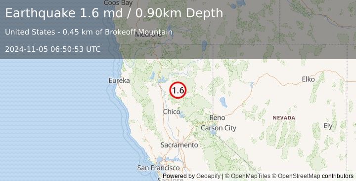 Earthquake 10 km NNE of Mineral, CA (1.6 md) (2024-11-05 06:50:53 UTC)