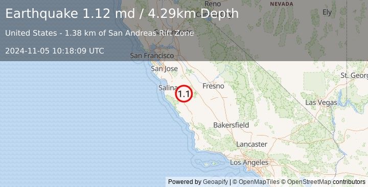 Earthquake 11 km SE of Pinnacles, CA (1.1 md) (2024-11-05 10:18:09 UTC)