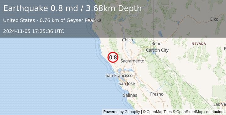 Earthquake 9 km W of The Geysers, CA (0.8 md) (2024-11-05 17:25:36 UTC)