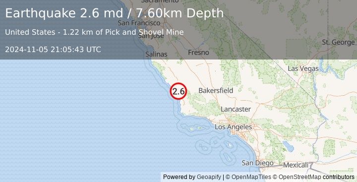 Earthquake 7 km WSW of Santa Margarita, CA (2.6 md) (2024-11-05 21:05:43 UTC)