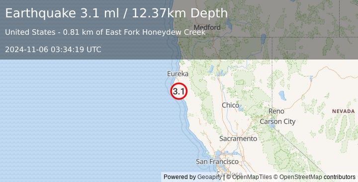 Earthquake 19 km N of Shelter Cove, CA (3.1 ml) (2024-11-06 03:34:19 UTC)