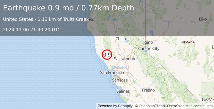 Earthquake 9 km NW of The Geysers, CA (0.9 md) (2024-11-06 21:40:20 UTC)