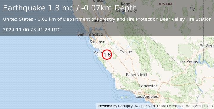 Earthquake 6 km NNW of Pinnacles, CA (1.8 md) (2024-11-06 23:41:23 UTC)