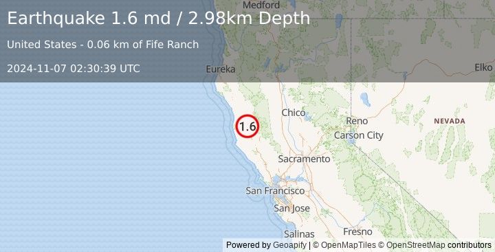 Earthquake 5 km SE of Willits, CA (1.6 md) (2024-11-07 02:30:39 UTC)