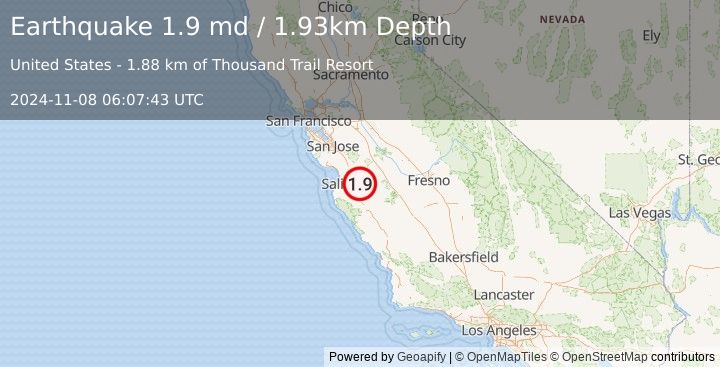 Earthquake 13 km S of Tres Pinos, CA (1.9 md) (2024-11-08 06:07:43 UTC)