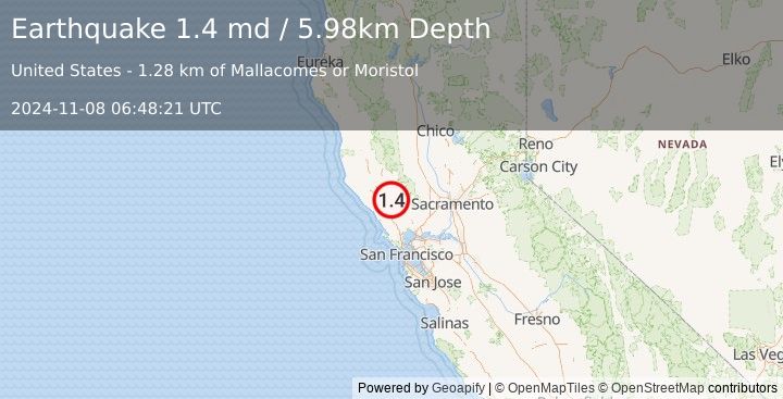 Earthquake 13 km E of Healdsburg, CA (1.4 md) (2024-11-08 06:48:21 UTC)