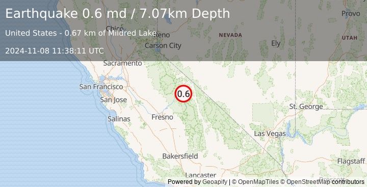 Earthquake 14 km SSE of Mammoth Lakes, CA (0.6 md) (2024-11-08 11:38:11 UTC)