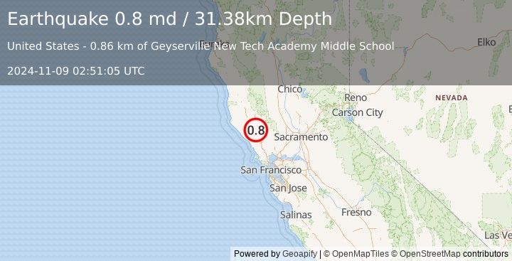 Earthquake 13 km WSW of The Geysers, CA (0.8 md) (2024-11-09 02:51:05 UTC)