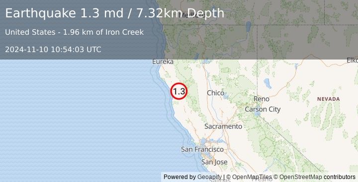 Earthquake 11 km NNE of Laytonville, CA (1.3 md) (2024-11-10 10:54:03 UTC)