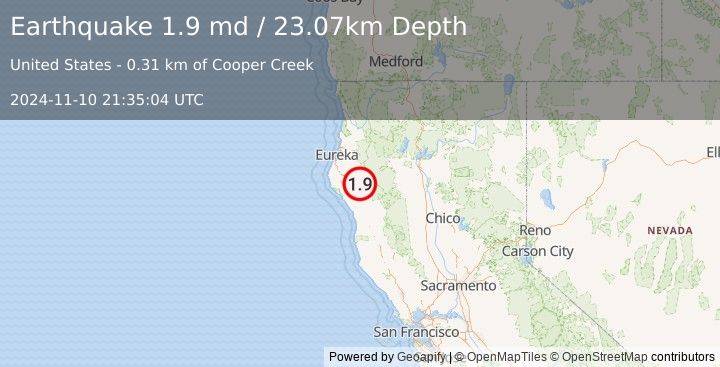 Earthquake 25 km NE of Redway, CA (1.9 md) (2024-11-10 21:35:04 UTC)