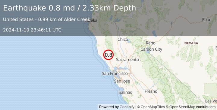 Earthquake 12 km E of Cloverdale, CA (0.8 md) (2024-11-10 23:46:11 UTC)