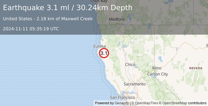 Earthquake 26 km SE of Rio Dell, CA (3.1 ml) (2024-11-11 05:35:19 UTC)