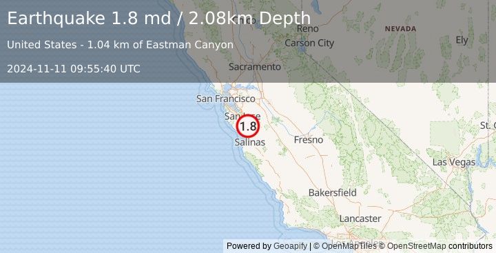 Earthquake 9 km SW of Morgan Hill, CA (1.8 md) (2024-11-11 09:55:40 UTC)