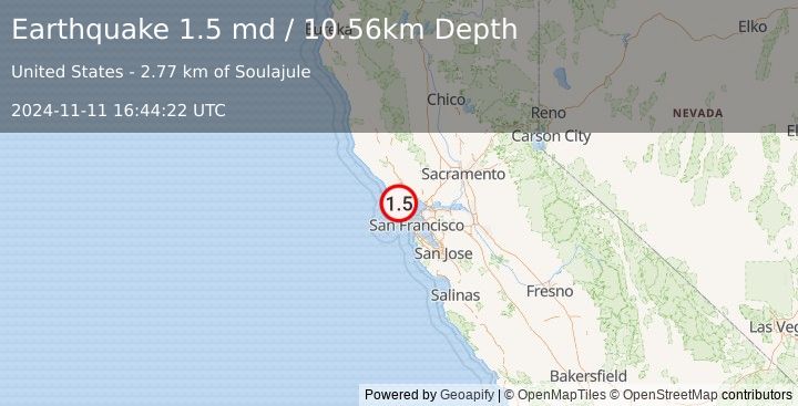 Earthquake 6 km NE of Point Reyes Station, CA (1.5 md) (2024-11-11 16:44:22 UTC)