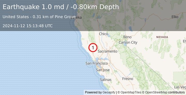 Earthquake 1 km NW of Cobb, CA (1.0 md) (2024-11-12 15:13:48 UTC)