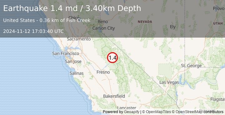 Earthquake 16 km WSW of Mammoth Lakes, CA (1.4 md) (2024-11-12 17:03:40 UTC)