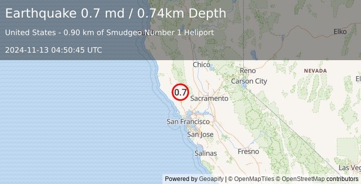 Earthquake 2 km N of The Geysers, CA (0.7 md) (2024-11-13 04:50:45 UTC)