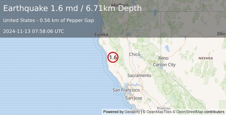 Earthquake 13 km NNE of Brooktrails, CA (1.6 md) (2024-11-13 07:58:06 UTC)