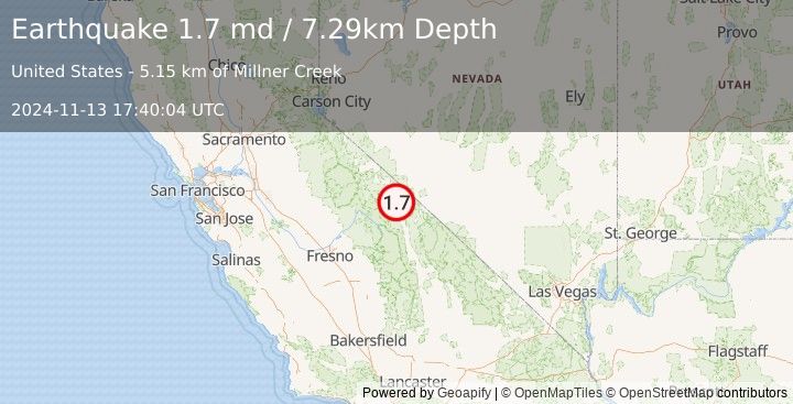 Earthquake 20 km E of Toms Place, CA (1.7 md) (2024-11-13 17:40:04 UTC)