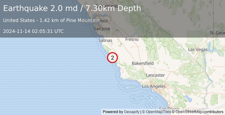 Earthquake 8 km NE of San Simeon, CA (2.0 md) (2024-11-14 02:05:31 UTC)