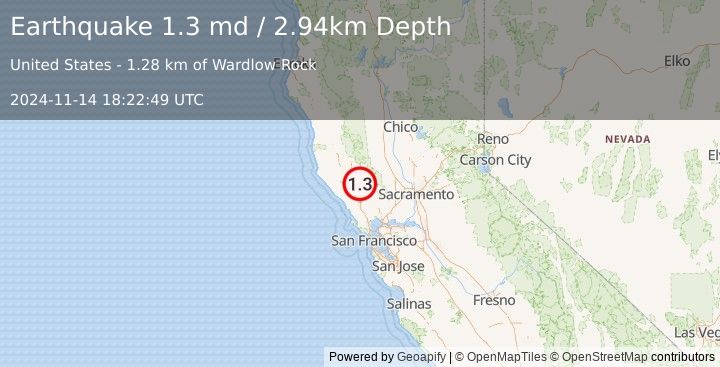 Earthquake 3 km SE of The Geysers, CA (1.3 md) (2024-11-14 18:22:49 UTC)