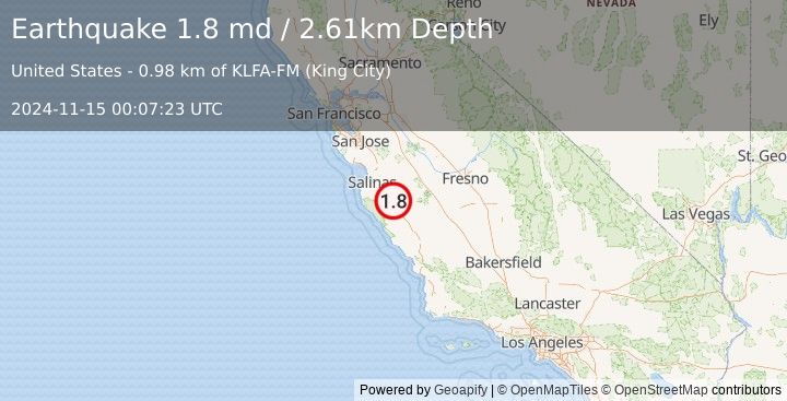 Earthquake 6 km NNE of Greenfield, CA (1.8 md) (2024-11-15 00:07:23 UTC)