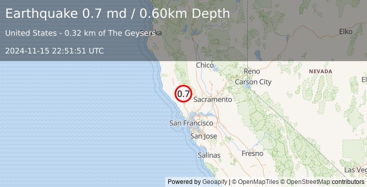 Earthquake 0 km SSW of The Geysers, CA (0.7 md) (2024-11-15 22:51:51 UTC)