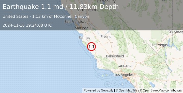 Earthquake 10 km SSW of San Lucas, CA (1.1 md) (2024-11-16 19:24:08 UTC)