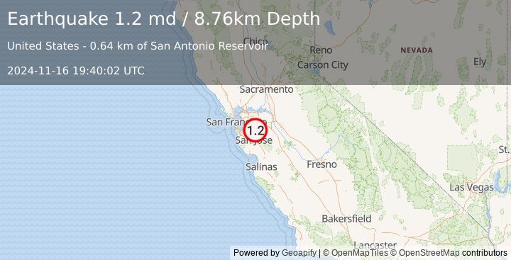 Earthquake 6 km SE of Sunol, CA (1.2 md) (2024-11-16 19:40:02 UTC)