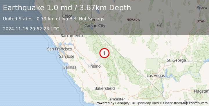 Earthquake 12 km SSW of Mammoth Lakes, CA (1.0 md) (2024-11-16 20:52:23 UTC)