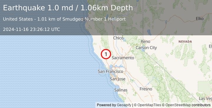 Earthquake 2 km N of The Geysers, CA (1.0 md) (2024-11-16 23:26:12 UTC)