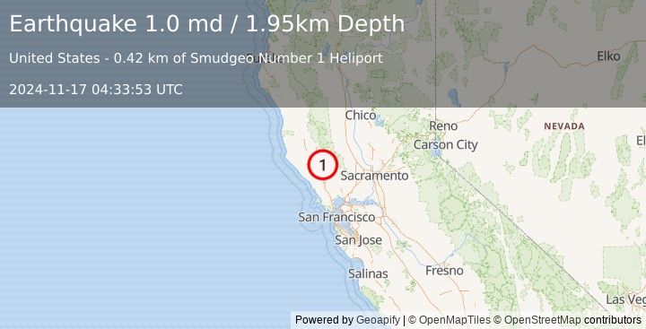 Earthquake 1 km N of The Geysers, CA (1.0 md) (2024-11-17 04:33:53 UTC)