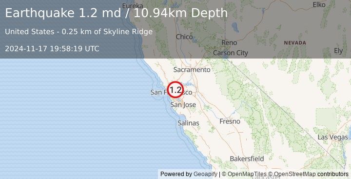 Earthquake 4 km ESE of Berkeley, CA (1.2 md) (2024-11-17 19:58:19 UTC)