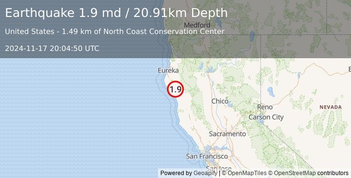 Earthquake 3 km NNW of Redway, CA (1.9 md) (2024-11-17 20:04:50 UTC)