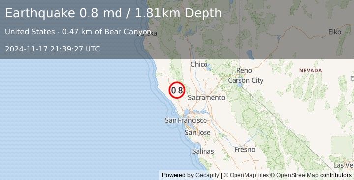 Earthquake 8 km NNW of The Geysers, CA (0.8 md) (2024-11-17 21:39:27 UTC)