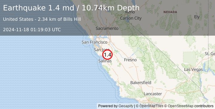 Earthquake 10 km ENE of Gilroy, CA (1.4 md) (2024-11-18 01:19:03 UTC)