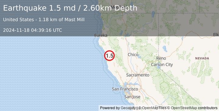 Earthquake 5 km W of Laytonville, CA (1.5 md) (2024-11-18 04:39:16 UTC)