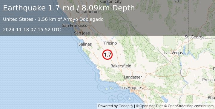 Earthquake 6 km NNW of Kettleman City, CA (1.7 md) (2024-11-18 07:15:52 UTC)