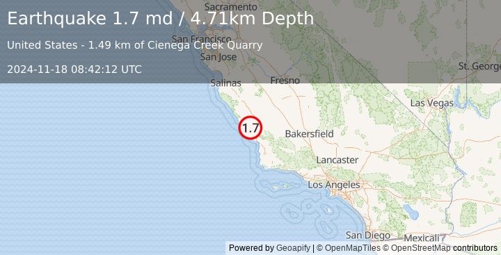 Earthquake 10 km NNE of Cayucos, CA (1.7 md) (2024-11-18 08:42:12 UTC)