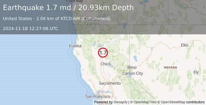 Earthquake 14 km W of Manton, CA (1.7 md) (2024-11-18 12:27:06 UTC)