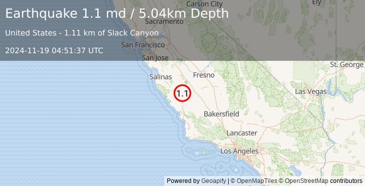 Earthquake 20 km ENE of San Ardo, CA (1.1 md) (2024-11-19 04:51:37 UTC)